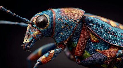 Intricate macro detail of a vibrantly colored jewel beetle exhibiting stunning iridescent patterns and textured exoskeleton against a dark backdrop