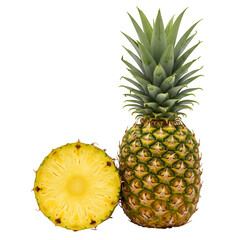 Pineapple set including whole, peeled, wedge, ring, block, and half slice isolated. Tropical fruit and healthy food collection, isolated on white or transparent background, PNG format.