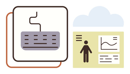Computer keyboard, cloud symbol, and infographic with human figure and graphs emphasize data input, storage, and analysis themes. Ideal for technology, analytics, remote work, digital workspace
