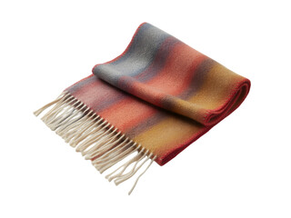 Folded Multicolored Plaid Scarf with Fringe on White Background