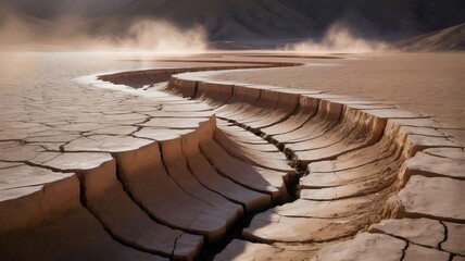 Cracked earth forming winding path in desert landscape