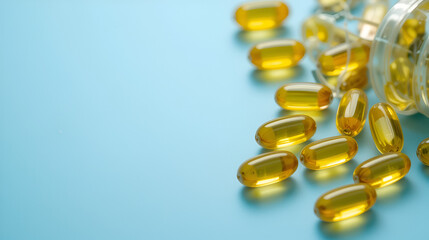 Homeopathic gold gel capsules on blue table. Alternative therapy supplements. Copy space. Fat-soluble vitamins transparent yellow capsule. Vitamin A, vitamin E, vitamin D3, omega3 capsules.