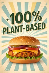 A colorful plant-based burger features fresh lettuce, tomato, and cheese, set against a sunburst backdrop. This meal showcases the appeal of healthy eating.
