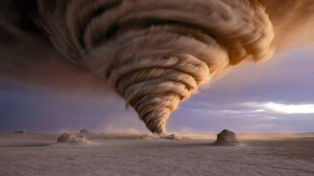 Dust tornado vortex over arid desert plain in sunlight