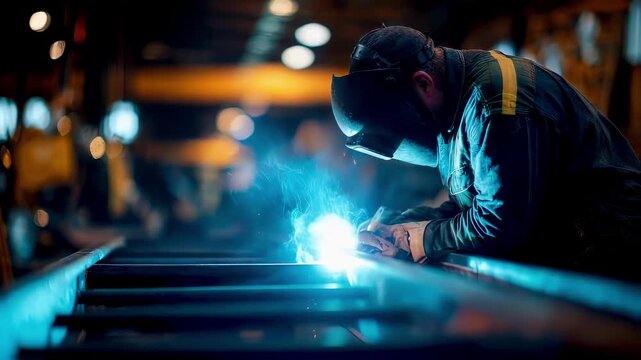 Medium shot of a welder performing precise MIG welding on large steel sections highlighting vivid sparks and focused metal seam with outoffocus factory environment.