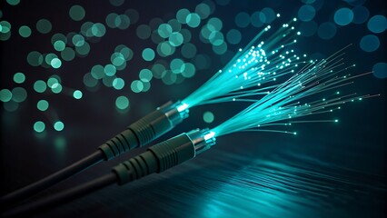 Glowing fiber optic cables with teal light effects. Perfect for technology, communication, internet, data transfer, futuristic concepts in design projects.