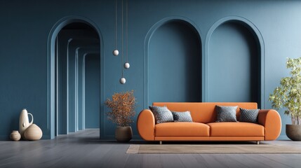 Blue walls, arched doorways, and an orange couch create a calming, modern interior scene