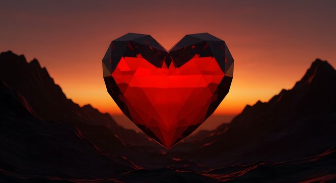A faceted red heart floating between mountains at sunset with a warm orange and yellow sky above