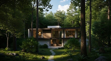 Modern minimalist house, blending architecture with lush forest landscape in a serene environment