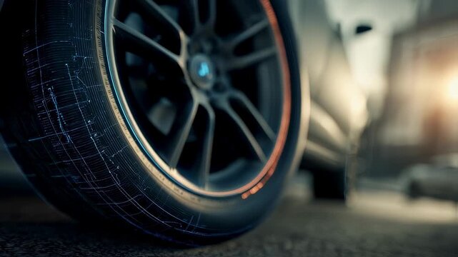 Medium shot of a vehicle tire featuring a smart sensor detecting temperature changes sensor in crisp focus while surrounding tire tread is softly blurred.