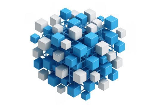 Blue and white cubes forming a big cube with transparent background