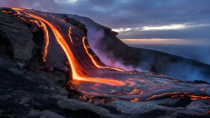 Fototapeta premium Molten lava river cooling into obsidian edge at dusk