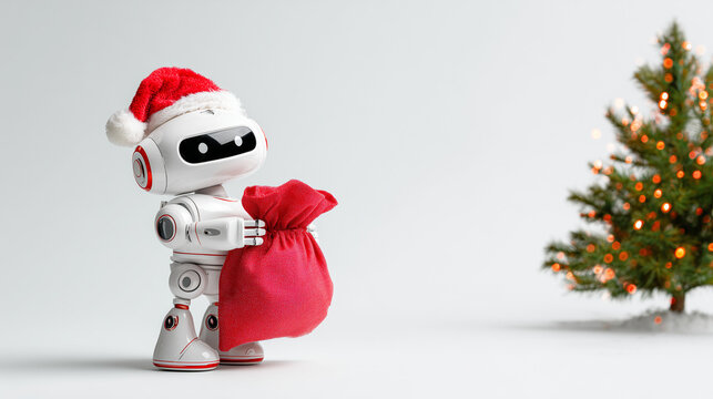 Cute robot in Santa hat holding red sack near Christmas tree
