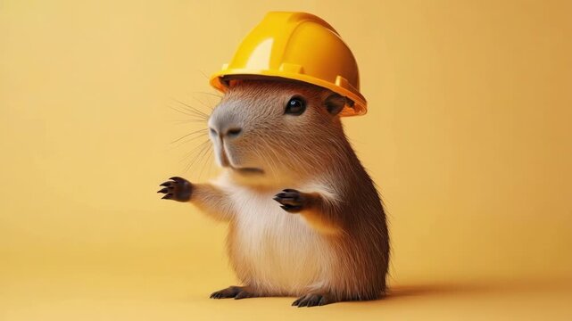 Cute capybara wearing yellow construction helmet on yellow background