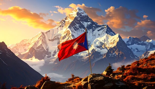 Majestic mountain vista with Nepali flag waving