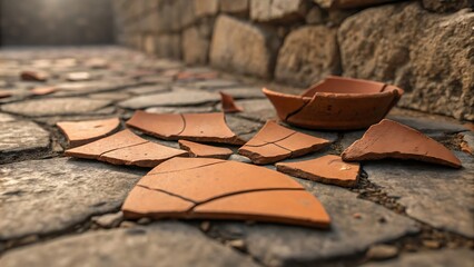 Broken terracotta bowl in weathered stone ruins suitable for archaeology, history, ancient artifacts, and exploration concepts in design projects.