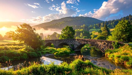 Fototapeta premium A tranquil stone arch bridge spans a clear stream, framed by lush greenery and rolling hills bathed in the golden light of sunrise.