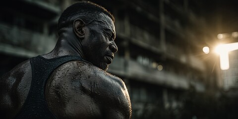 A muscular man gazes intensely, his face smeared with dirt, exuding determination. The image evokes strength, resilience, and warrior intensity.