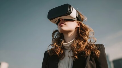 Young professional immersed in virtual reality exploring future possibilities, embracing innovation and digital transformation.