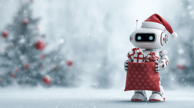 Cute robot in Santa hat holding gift sack in snowy forest
