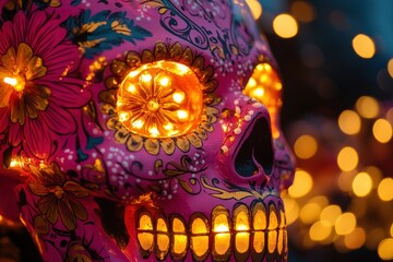 Close-up view of a vibrant pink skull adorned with intricate floral patterns and glowing golden accents.