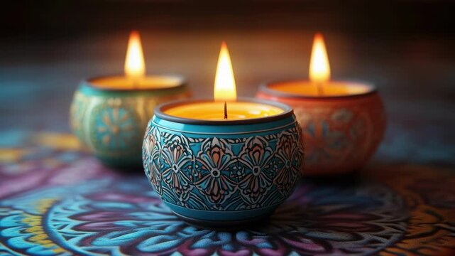 Vibrant ornate candles on decorative patterned surface glowing warmly. Diwali, Deepavali, Festival of Lights, Dipawali - Hindu Celebration, Indian Cultural Festival