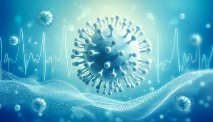 Stylized Virus Cell Floating in a Soft Blue Medical Environment and copy space for text
