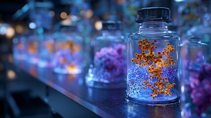 Intriguing molecular structures in scientific glass vials glow with vibrant colors, hinting at groundbreaking research and pharmaceutical discovery.