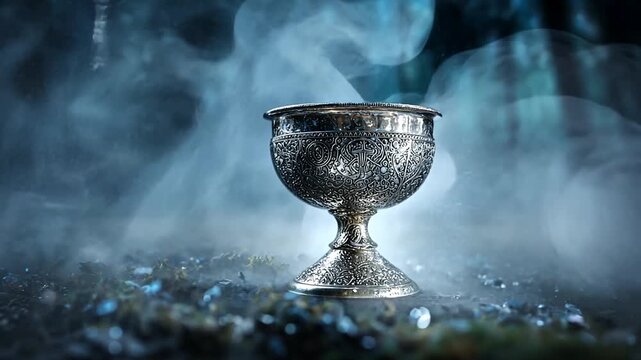 Ornate silver goblet rests amidst mystical forest smoke.
