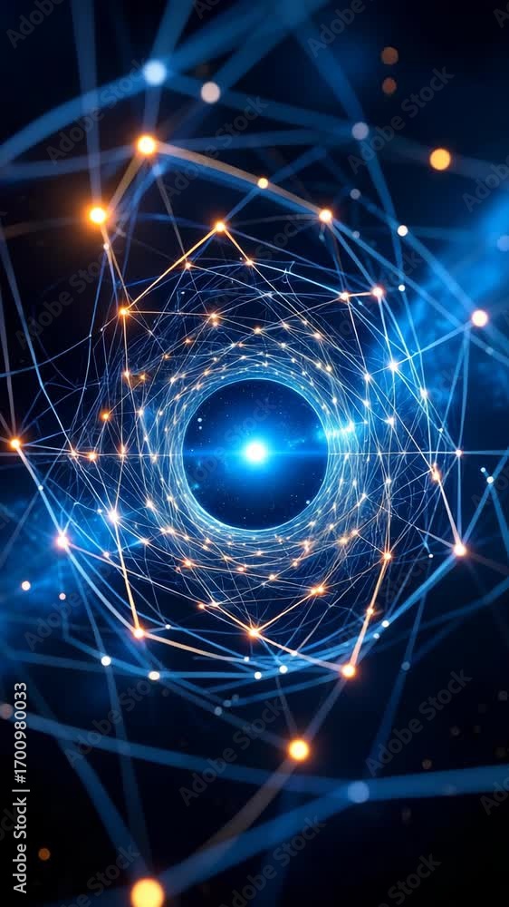 Poster abstract digital network tunnel visualization with interconnected nodes and glowing connections on a