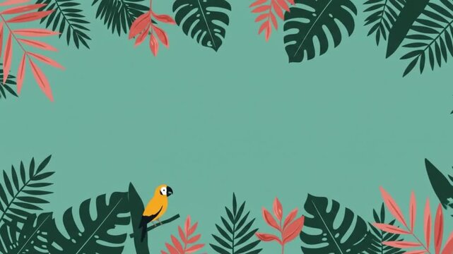 Vibrant tropical leaves frame a playful parrot perched on a branch, evoking jungle adventure and exotic paradise.