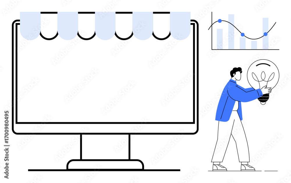Aufkleber simple monitor with empty screen, chart showing trends and man holding lightbulb. ideal for teamwork