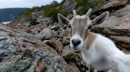 Fototapeta premium A striking close-up of a mountain goat in a rocky terrain, highlighting the beauty of wildlife and nature in a serene outdoor environment.