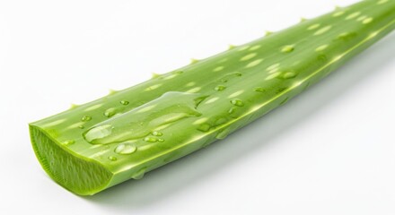 Close-up of a cut aloe vera leaf with water droplets revealing the succulent inner flesh, highlighting its moisturizing properties and natural beauty for skincare applications