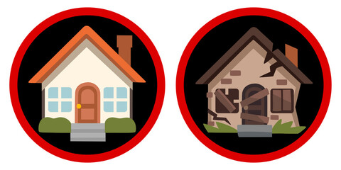 Warning sign showing a well-kept house and an abandoned derelict house, symbolizing safety versus danger, property condition, or housing risks.