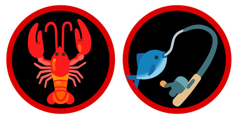 Warning sign showing a lobster and a fishing pole with fish, symbolizing fishing hazards, marine safety, or seafood risks.