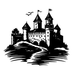 Obraz premium Medieval hilltop castle silhouette with tall towers and flying birds – vintage fortress emblem for heraldry, tourism or fantasy design