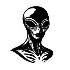 Mysterious extraterrestrial alien head silhouette with big oval eyes – sci‑fi visitor emblem for space conspiracy or UFO artwork