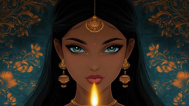 Cartoon woman holding beautiful lamp. Indian celebration and tradition concept. Diwali holiday design element. Diwali, Deepavali, Festival Lights, Dipawali - Hindu Celebration, Indian Festival