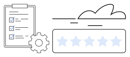 Checklist with marked tasks, gear for productivity, five-star rating, and cloud design. Ideal for management, performance, evaluation, feedback, productivity customer satisfaction and digital