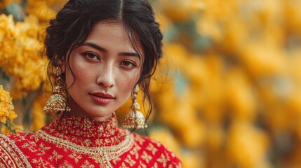 Portrait of a young woman with ethnic attire against a floral backdrop
