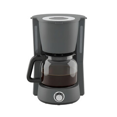 Gray coffee maker with glass carafe filled with dark liquid isolated on a transparent background machine