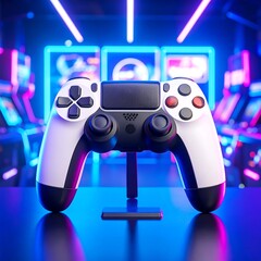 Gaming controller on stand, vibrant neon arcade background