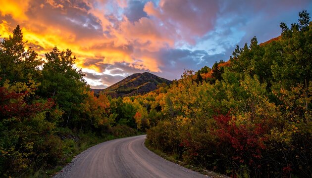 Winding dirt road through colorful autumn foliage at sunset