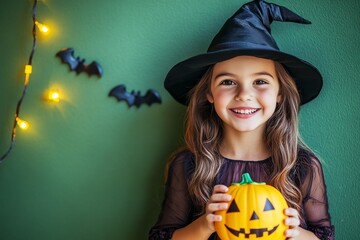 Smiling girl in a witch's costume, holding a pumpkin, against a festive green backdrop.