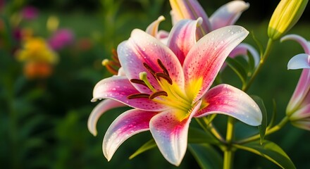 Fototapeta premium Stunning pink lily with dew drops and lush greenery, a beautiful macro shot of a vibrant floral