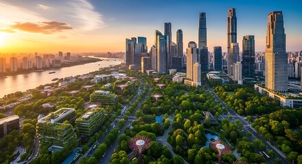 Panoramic view of a sustainable cityscape with modern architecture and lush greenery at sunset