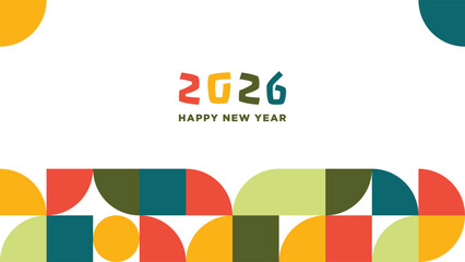 Happy new year 2026 background template. Simple Abstract Bauhaus Geometric Background with happy new year 2026 greetings