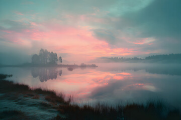 Fototapeta premium Foggy lake reflects the pastel sunrise sky, creating a serene and ethereal scene with a hint of frost on the foreground grass, evoking a sense of tranquility.