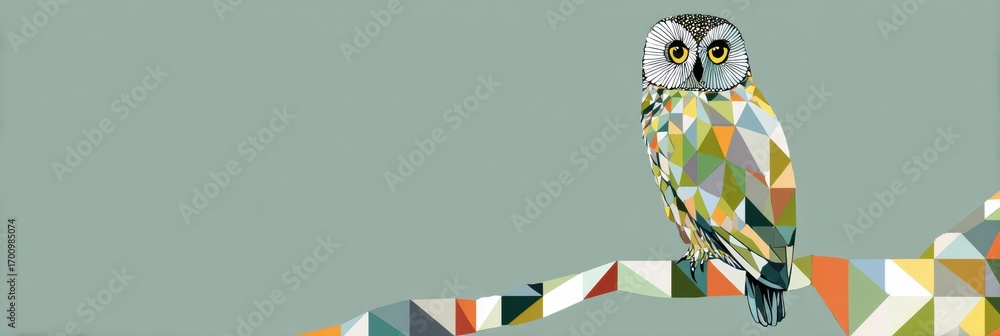 Poster colorful owl perched on a branch with geometric patterns in a minimalist setting during daytime